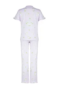 TRENDYOLMİLLA Pink-Multicolored 100% Cotton Floral Ruffle Detailed Knitting Pajama Set - Image 8