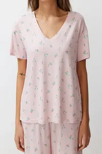TRENDYOLMİLLA Powder Pink-Multicolored Floral Knitting Pajama Set - Image 4