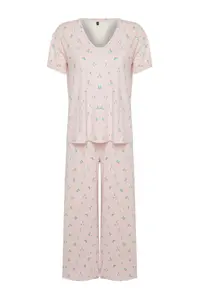 TRENDYOLMİLLA Powder Pink-Multicolored Floral Knitting Pajama Set - Image 7