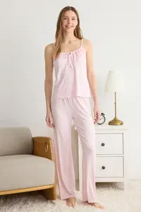 TRENDYOLMİLLA Pink Floral tied up and Rope Sleeveless Knitting Pajama Set