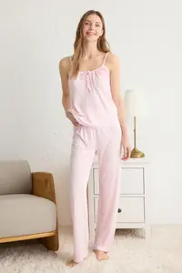 TRENDYOLMİLLA Pink Floral tied up and Rope Sleeveless Knitting Pajama Set - Image 2