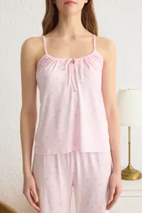 TRENDYOLMİLLA Pink Floral tied up and Rope Sleeveless Knitting Pajama Set - Image 3