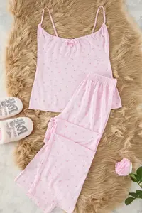 TRENDYOLMİLLA Pink Floral tied up and Rope Sleeveless Knitting Pajama Set - Image 6