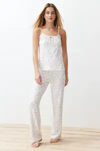 TRENDYOLMİLLA White-Multicolored Floral tied up and Rope Sleeveless Knitting Pajama Set