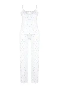 TRENDYOLMİLLA White-Multicolored Floral tied up and Rope Sleeveless Knitting Pajama Set - Image 7