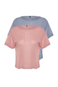 TRENDYOLMİLLA Multicolored 2 Sets Paket Pointel Cellular/Delikli Knitting Pajamas Tops - Image 8