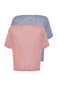 TRENDYOLMİLLA Multicolored 2 Sets Paket Pointel Cellular/Delikli Knitting Pajamas Tops - Image 9