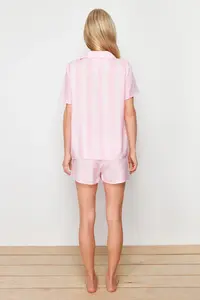 TRENDYOLMİLLA Pink Striped Piping Detailed Viscose OF shorts Weaving Pajama Set - Image 6