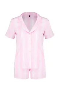 TRENDYOLMİLLA Pink Striped Piping Detailed Viscose OF shorts Weaving Pajama Set - Image 7