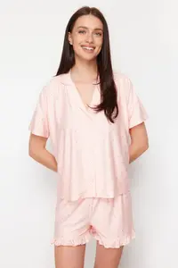 TRENDYOLMİLLA Salmon Polka Dot Ruffle Detailed OF shorts Knitting Pajama Set