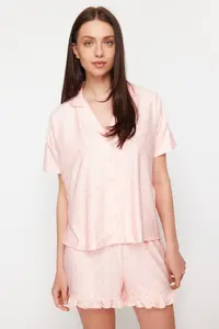 TRENDYOLMİLLA Salmon Polka Dot Ruffle Detailed OF shorts Knitting Pajama Set - Image 2