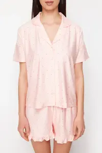 TRENDYOLMİLLA Salmon Polka Dot Ruffle Detailed OF shorts Knitting Pajama Set - Image 4