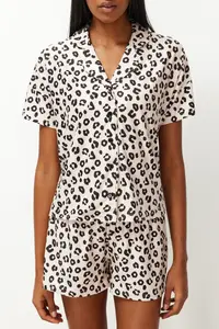 TRENDYOLMİLLA Beige-Multicolored Leopard Patterned OF shorts Knitting Pajama Set - Image 4