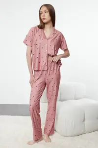 TRENDYOLMİLLA Dusty Rose Kalpli Knitting Pajama Set - Image 2