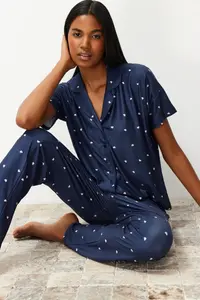 TRENDYOLMİLLA Navy Blue Kalpli Knitting Pajama Set - Image 3