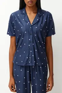 TRENDYOLMİLLA Navy Blue Kalpli Knitting Pajama Set - Image 4
