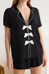 TRENDYOLMİLLA Black Ribbon/Bow and Piping Detailed Viscose OF shorts Weaving Pajama Set - Image 3