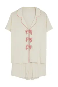 TRENDYOLMİLLA White Ribbon/Bow and Piping Detailed Viscose OF shorts Weaving Pajama Set - Image 7