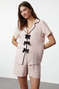 TRENDYOLMİLLA Powder Pink Ribbon/Bow and Piping Detailed Viscose OF shorts Weaving Pajama Set - Image 2