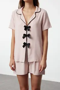 TRENDYOLMİLLA Powder Pink Ribbon/Bow and Piping Detailed Viscose OF shorts Weaving Pajama Set - Image 3