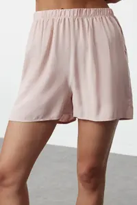 TRENDYOLMİLLA Powder Pink Ribbon/Bow and Piping Detailed Viscose OF shorts Weaving Pajama Set - Image 4