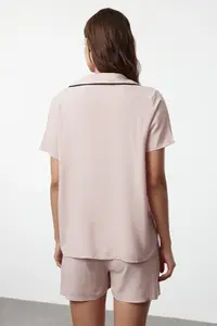 TRENDYOLMİLLA Powder Pink Ribbon/Bow and Piping Detailed Viscose OF shorts Weaving Pajama Set - Image 5