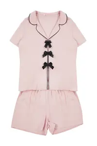 TRENDYOLMİLLA Powder Pink Ribbon/Bow and Piping Detailed Viscose OF shorts Weaving Pajama Set - Image 6