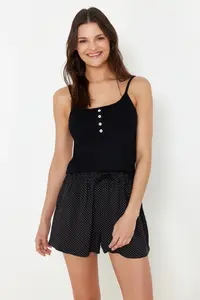TRENDYOLMİLLA Black Polka Dot Button Detailed Rope Sleeveless OF shorts Knitting Pajama Set