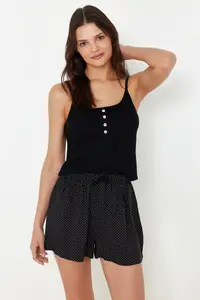 TRENDYOLMİLLA Black Polka Dot Button Detailed Rope Sleeveless OF shorts Knitting Pajama Set - Image 2
