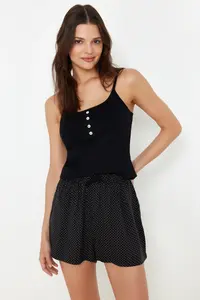 TRENDYOLMİLLA Black Polka Dot Button Detailed Rope Sleeveless OF shorts Knitting Pajama Set - Image 3