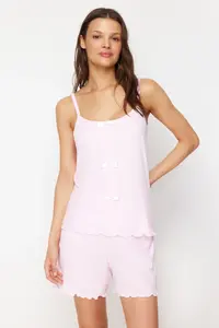 TRENDYOLMİLLA Light Pink Ribbon/Bow Detailed Rope Sleeveless Ribbed OF shorts Knitting Pajama Set - Image 2