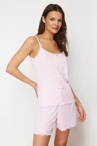 TRENDYOLMİLLA Light Pink Ribbon/Bow Detailed Rope Sleeveless Ribbed OF shorts Knitting Pajama Set - Image 3