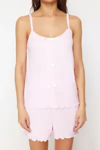 TRENDYOLMİLLA Light Pink Ribbon/Bow Detailed Rope Sleeveless Ribbed OF shorts Knitting Pajama Set - Image 4