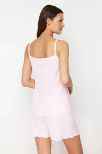 TRENDYOLMİLLA Light Pink Ribbon/Bow Detailed Rope Sleeveless Ribbed OF shorts Knitting Pajama Set - Image 6