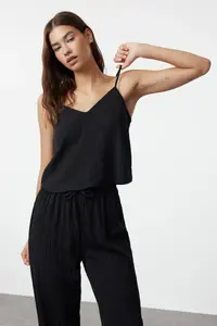 TRENDYOLMİLLA Black Binding Detailed Rope Sleeveless Weaving Pajama Set - Image 2