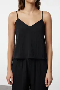 TRENDYOLMİLLA Black Binding Detailed Rope Sleeveless Weaving Pajama Set - Image 4