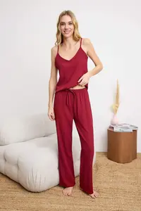 TRENDYOLMİLLA Burgundy Binding Detailed Rope Sleeveless Weaving Pajama Set