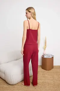 TRENDYOLMİLLA Burgundy Binding Detailed Rope Sleeveless Weaving Pajama Set - Image 4
