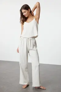 TRENDYOLMİLLA Ecru Binding Detailed Rope Sleeveless Weaving Pajama Set - Image 2