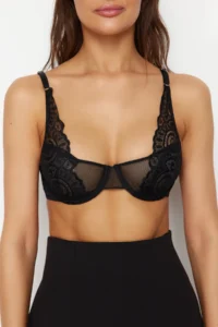TRENDYOLMİLLA Black Lace Tulle Detailed Rope Sleeveless Wireless T-Shirt Bra Knitting Bra - Image 5