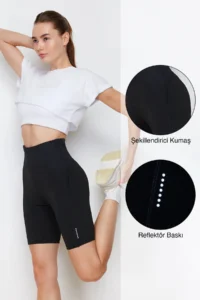 TRENDYOLMİLLA Black Mat Shaping Material Reflector Printed Knitting Sports Biker/Cycler/Short Leggings