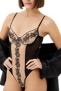 TRENDYOLMİLLA Black Tulle Embroidered Floral and Striped Wireless Knitting Bodysuit .D.00009