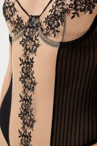 TRENDYOLMİLLA Black Tulle Embroidered Floral and Striped Wireless Knitting Bodysuit .D.00009 - Image 2