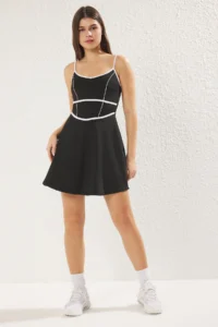TRENDYOLMİLLA Black White Piping Detailed 2 Layer Tennis Knitting Sports Dress with Shorts