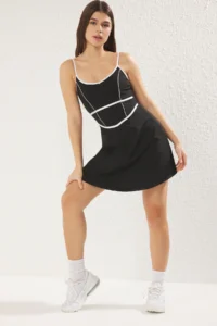 TRENDYOLMİLLA Black White Piping Detailed 2 Layer Tennis Knitting Sports Dress with Shorts - Image 2