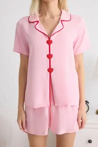 TRENDYOLMİLLA Pink Heart Embroidered Piping Detailed Viscose OF shorts Weaving Pajama Set - Image 3