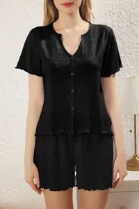 TRENDYOLMİLLA Black buttoned Ribbed OF shorts Knitting Pajama Set - Image 2