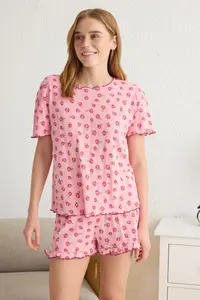 TRENDYOLMİLLA Pink 100% Cotton Floral Frilly Pointel Cellular/Delikli OF shorts Knitting Pajama Set - Image 2