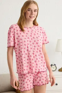 TRENDYOLMİLLA Pink 100% Cotton Floral Frilly Pointel Cellular/Delikli OF shorts Knitting Pajama Set - Image 3