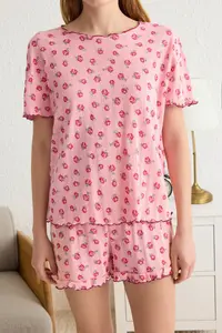 TRENDYOLMİLLA Pink 100% Cotton Floral Frilly Pointel Cellular/Delikli OF shorts Knitting Pajama Set - Image 4